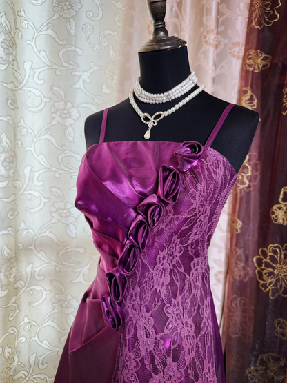 Charming Purple Satin Lace Short Prom Dress Formal Graduation Homecoming Dress D724