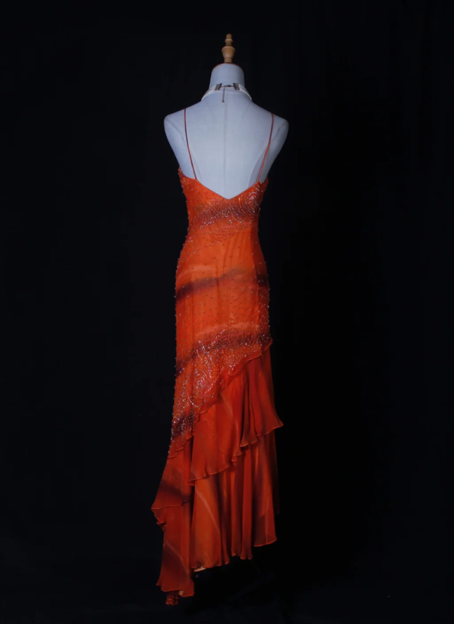 Pretty Orange Spaghetti Straps Chiffon Beaded Ruffle Mermaid Long Prom Dress Evening Gown D2268