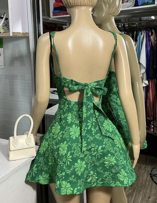 Vintage Green Straps Satin Print Floral A Line Homecoming Dress Sexy Backless Cocktail Dress S775