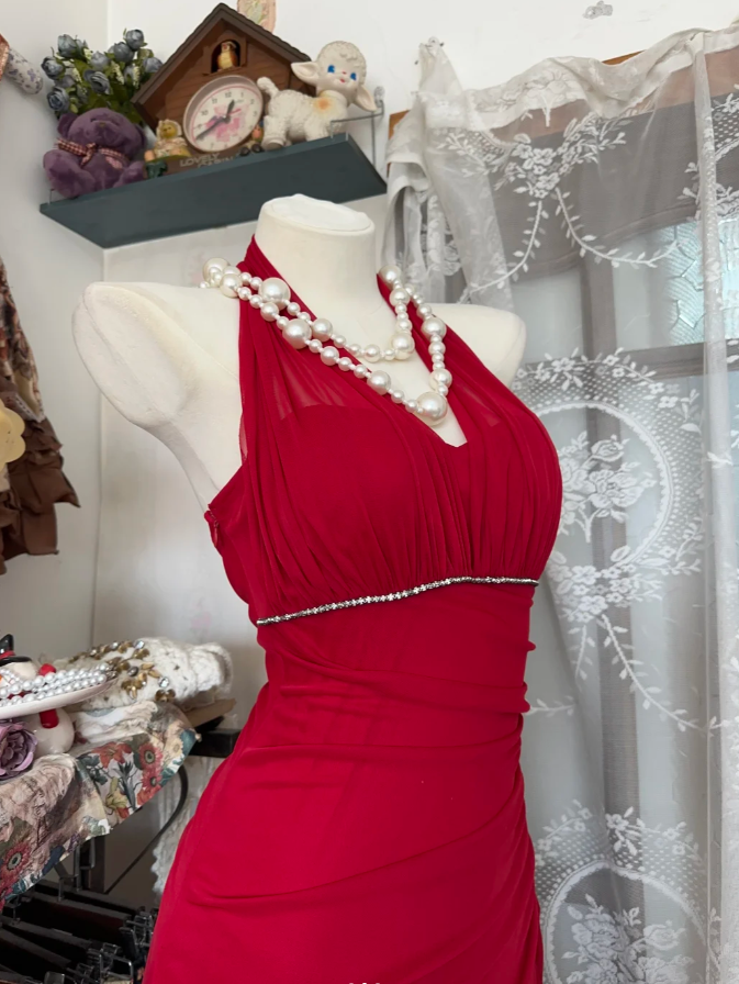 Charming Halter Red Chiffon Beaded Evening Dress Long Mermaid Party Gown  D1522