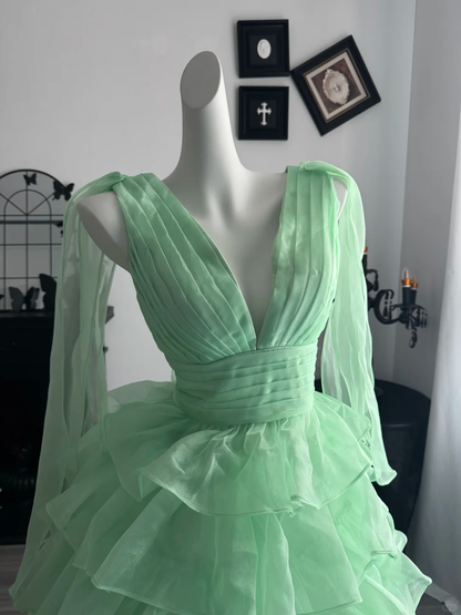 Classy Mint Green V Neck Tulle Layered Short Homecoming Dress,Mini 20th Birthday Outfits D3701