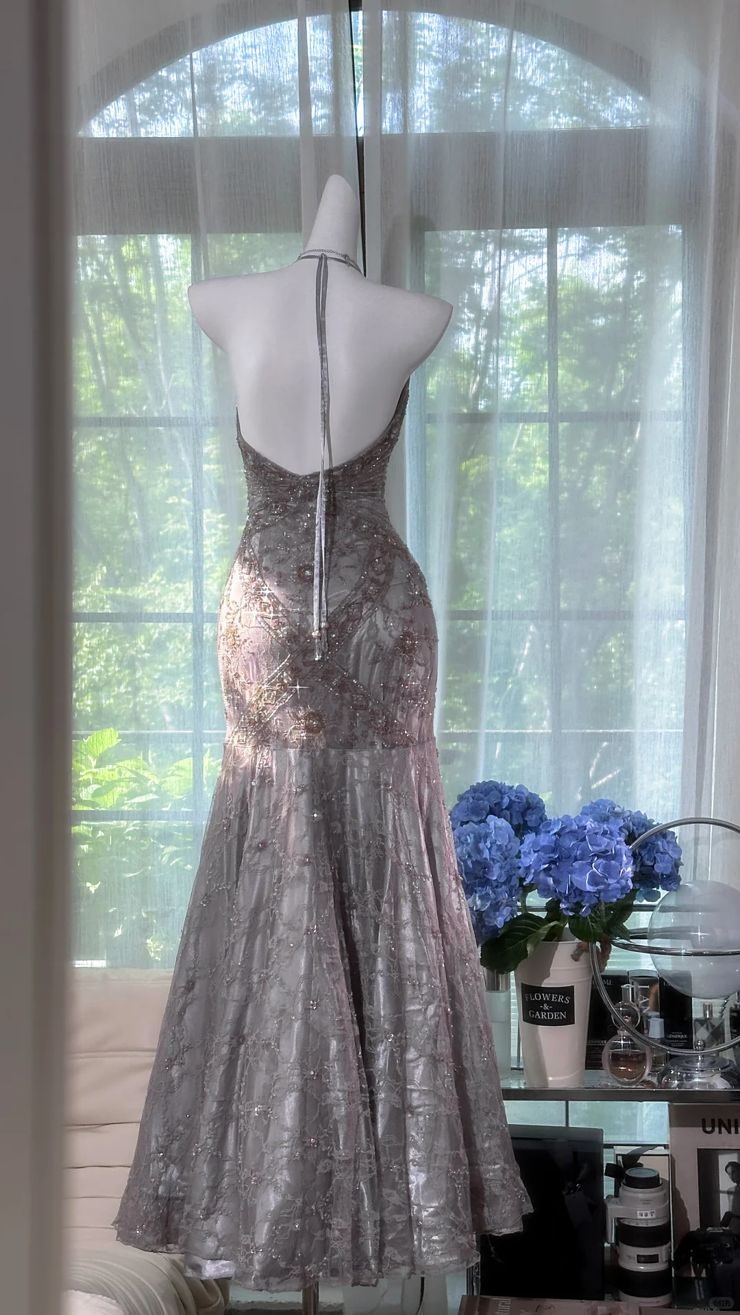 Gorgeous Halter Gray Lace Sequin Beaded Mermaid Long Party Dress Evening Gown D864