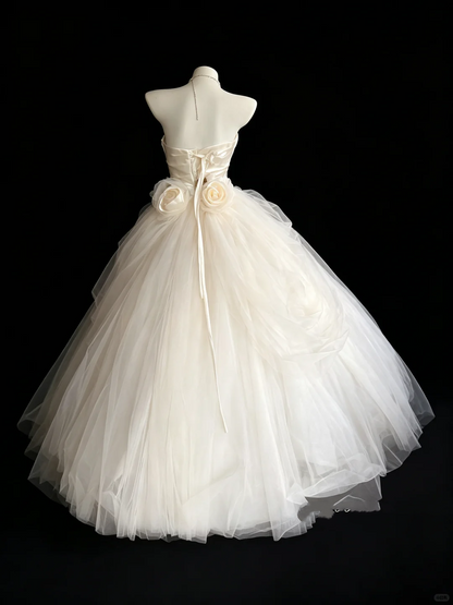 Pretty Strapless White Satin Tulle Long Wedding Dress With 3D Flowers D5281