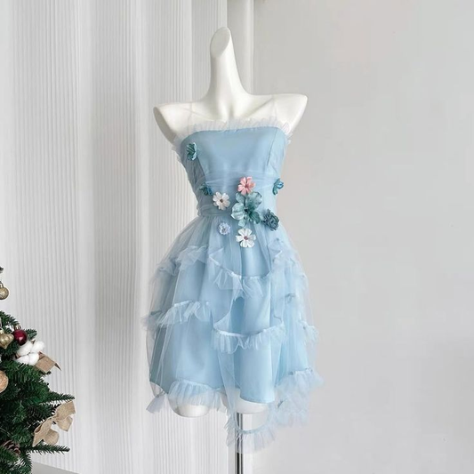 Beautiful Strapless Blue Tulle Flowers Women Dress Short A Line Travel Vacation Dress S838