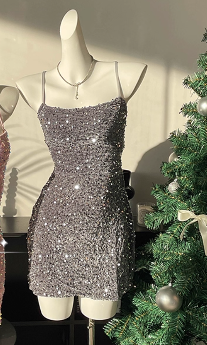 Sparkly Halter Sequin Sheath Cocktail Dress Pink Short Party Dress Homecoming Dress S672