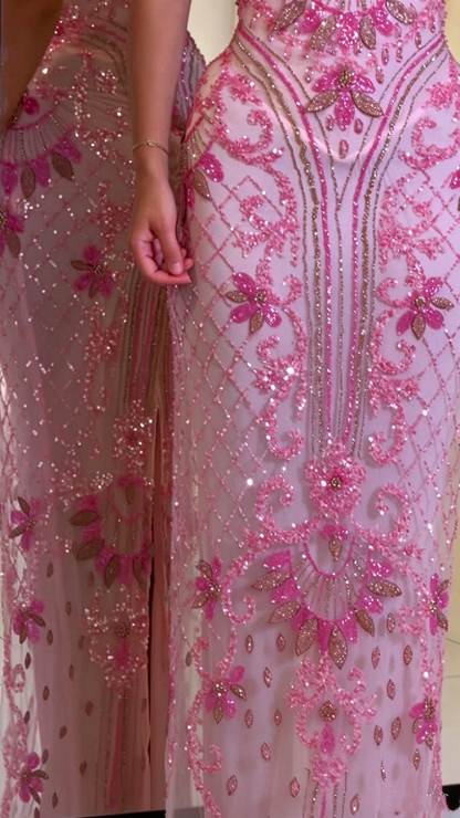 Gorgeous Off The Shoulder Tulle Beaded Long Party Dress Pink Long Birthday Evening Gowns D5241