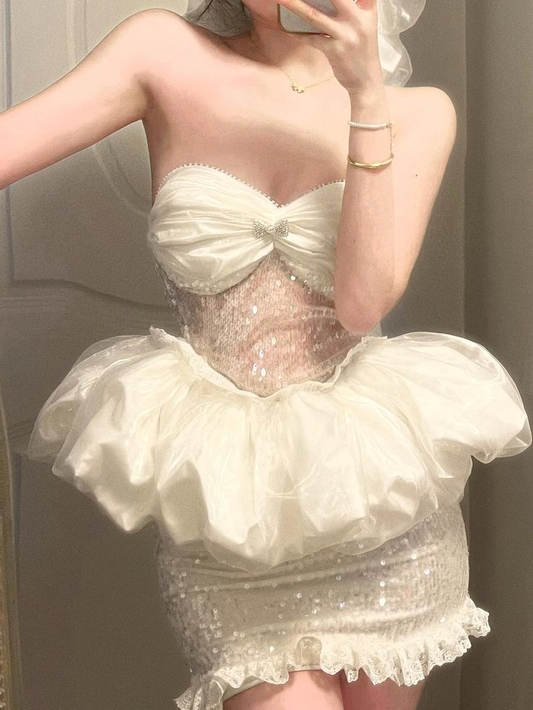 Classy Strapless Tulle Sequin White Sheath Short Prom Dress 16th Birthday Outfits D772