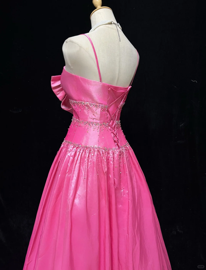 Cute Hot Pink Spaghetti Straps Satin Beaded Long Party Dress Prom Gown D2846