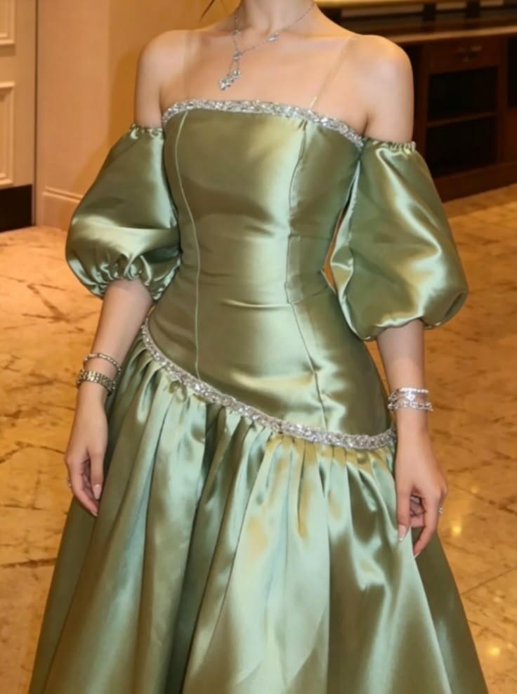 Elegant Sage Green Satin Beaded Long Party Dress Off The Shoulder Long Evening Dress D4751