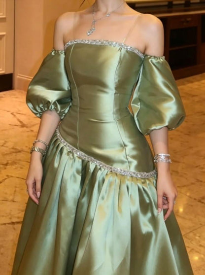 Elegant Sage Green Satin Beaded Long Party Dress Off The Shoulder Long Evening Dress D4751