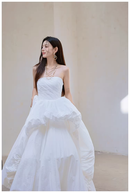 Charming Strapless White Satin Pleated Puff Birthday Party Dress Formal Prom Dresses D2413