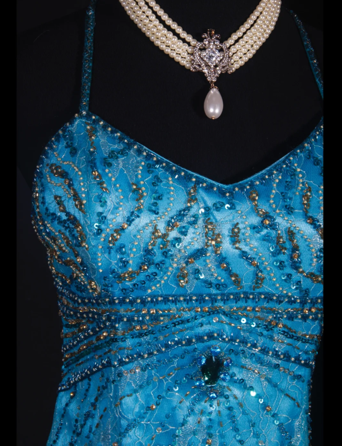 Glamorous Spaghetti Straps Blue Lace Beaded Mermaid Long Evening Dress Party Gown D2244