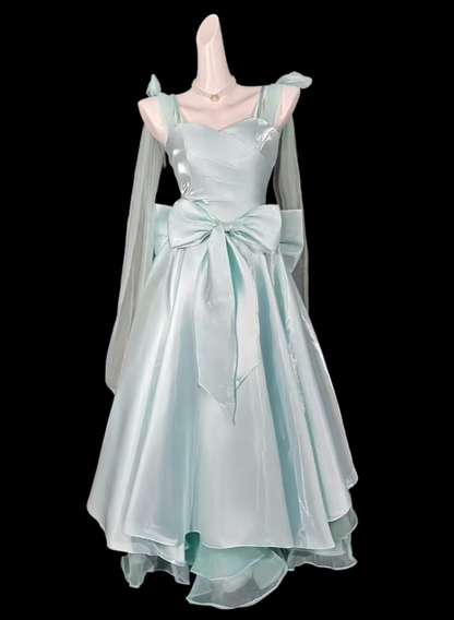 Pretty Light Blue Satin Tulle Bow A Line Long Party Dress Birthday Prom Dresses D4154