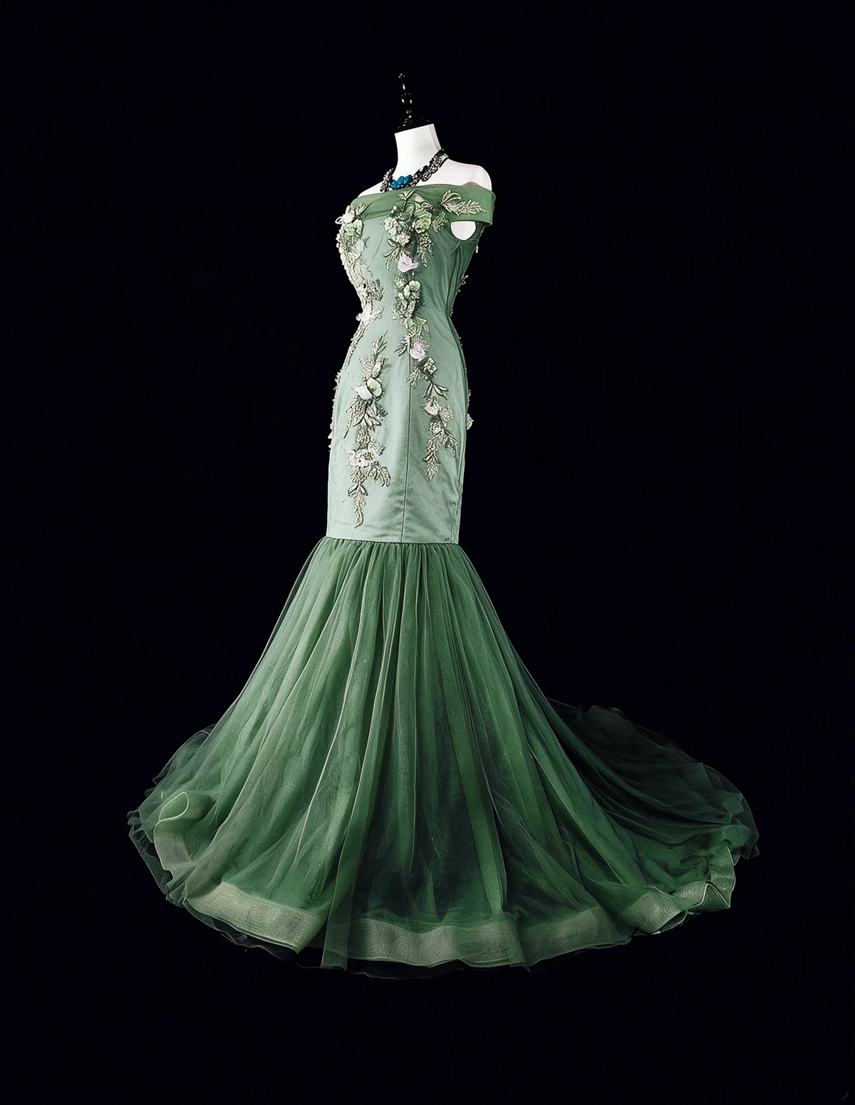 Charming Off The Shoulder Satin Tulle Appliqued Long Prom Dress Green Mermaid Evening Dress D5382