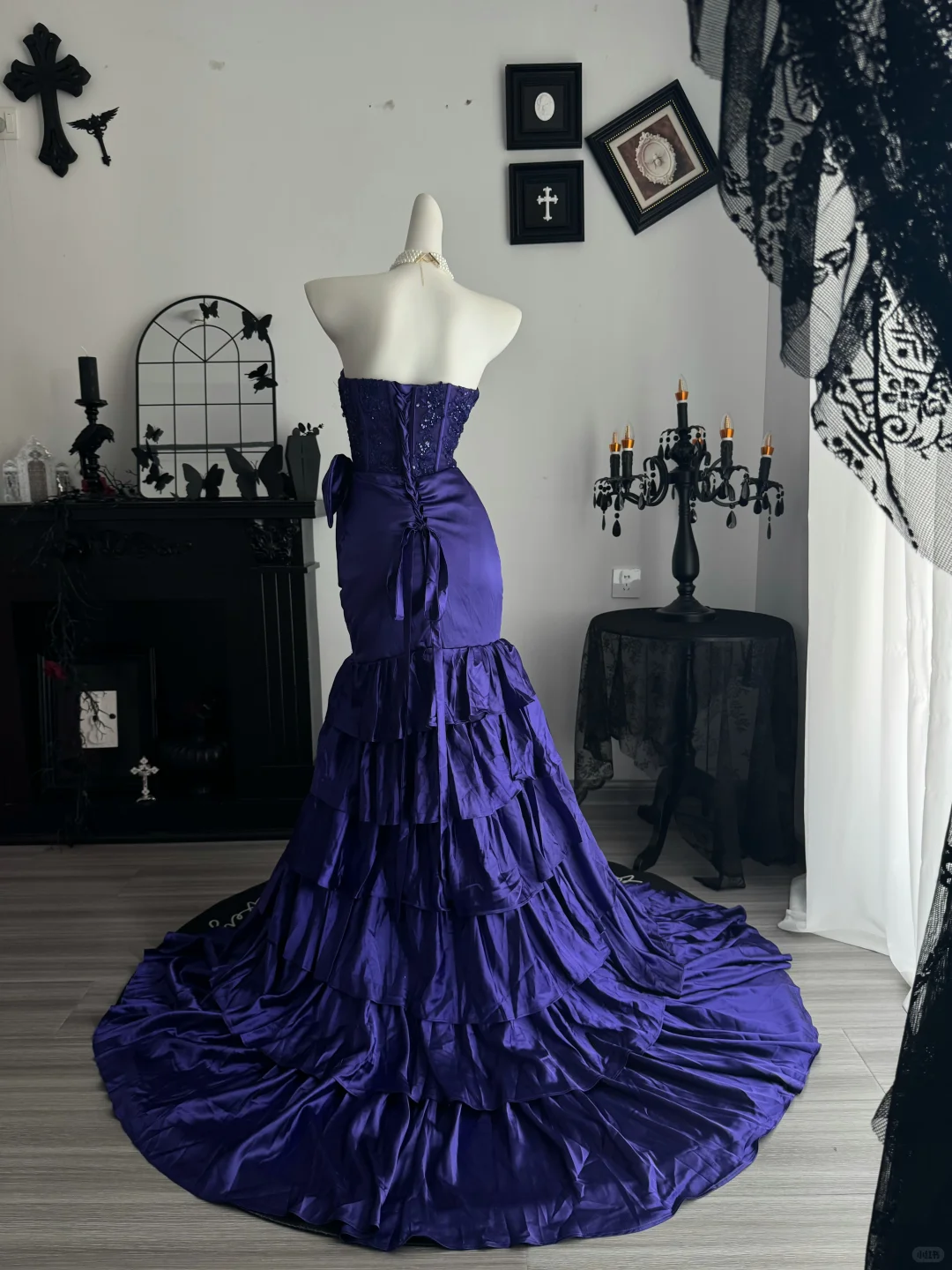 Vintage Strapless Purple Beaded Satin Layered Mermaid Long Prom Dress Evening Dress D3728