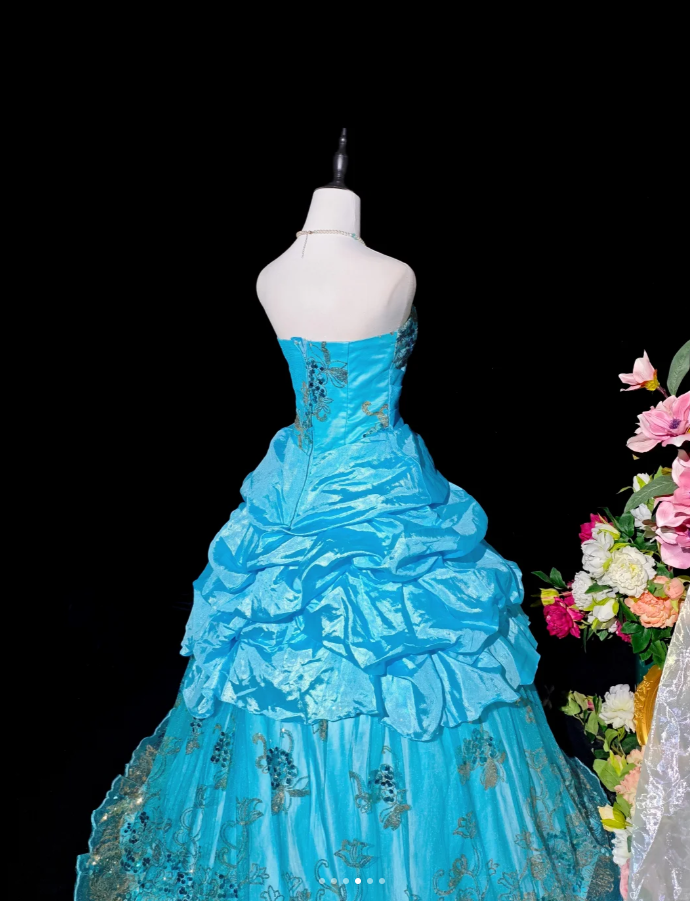 Gorgeous Strapless Quinceanera Dress Blue Satin Tulle Sequin Floral Ball Gown Sweet 16 Dress D2360
