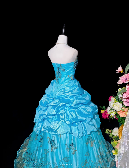 Gorgeous Strapless Quinceanera Dress Blue Satin Tulle Sequin Floral Ball Gown Sweet 16 Dress D2360