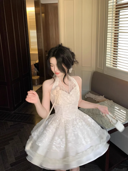 Beautiful Halter Off White Lace A Line Short Birthday Outfits Formal Homecoming Dress D108