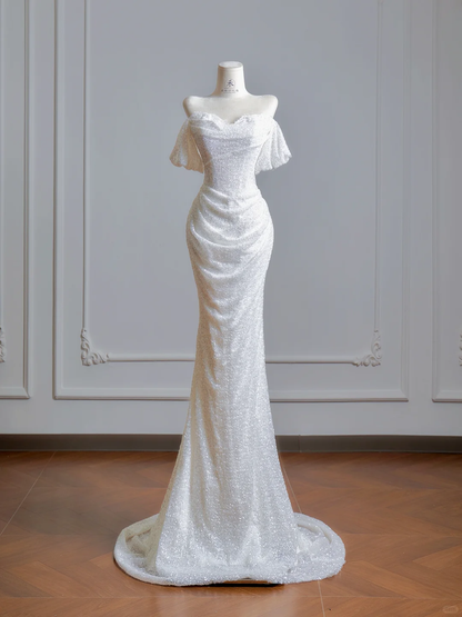 Charming Off The Shoulder White Sequin Mermaid Long Evening Dress Birthday Dress D2504