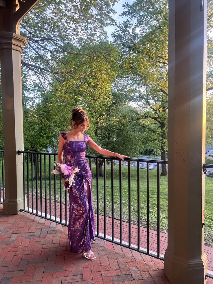 Elegant Square Neck Sequin Long Party Dress Purple Slit Mermaid Evening Dress D5298