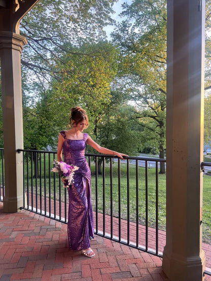 Elegant Square Neck Sequin Long Party Dress Purple Slit Mermaid Evening Dress D5298