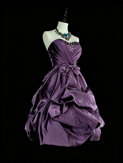 Classy Purple Satin Pleated Beaded Short 19th Birthday Outfits,Strapless A Line Short Party Dress D4046