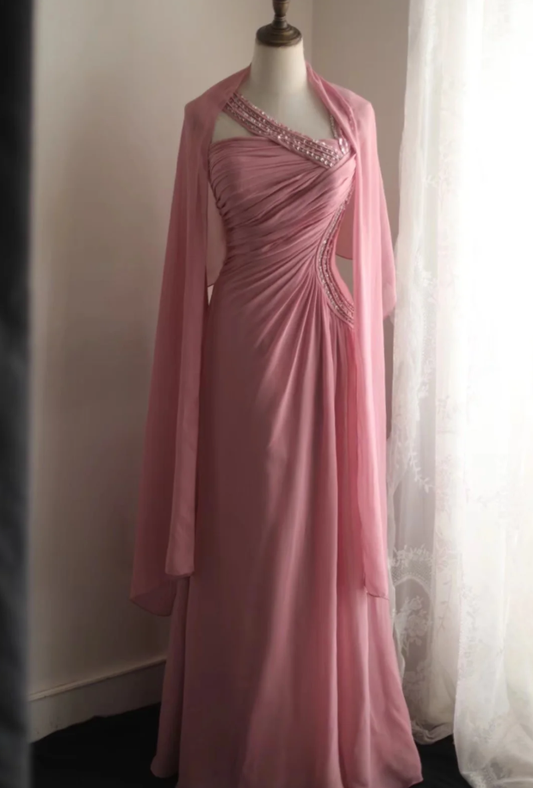 Pretty Pink Chiffon Beaded Mermaid Long Party Dress Evening Gown D2326