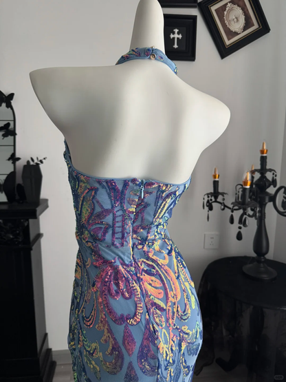 Sexy Halter Satin Sequin Mermaid Evening Dress，Purple Long Party Dress D3714