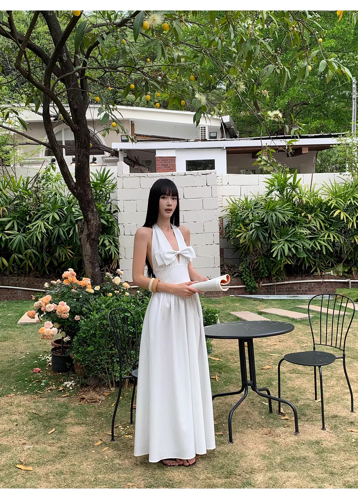 Cute Halter  A-Line Black White Striped Butterfly Bow V-Neck Long Evening Dress Birthday Party Gown D2083