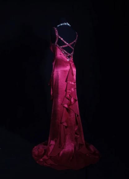 Stylish Hot Pink Satin V Neck Mermaid Evening Dress Backless Long Party Gown With Beads D2254