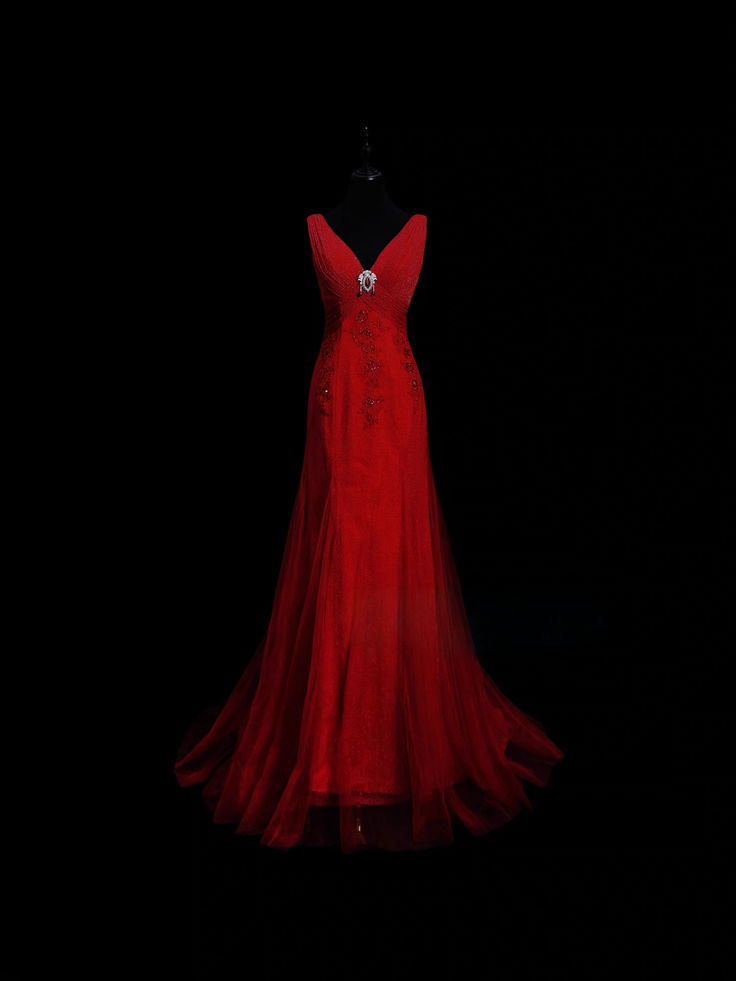 Charming Red V Neck Satin Tulle Mermaid Evening Dress Long Prom Dress D752