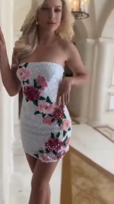 Unique Strapless Sequin Beaded Floral Sheath Short Graduation Homecoming Dress Cocktail Dress D4310