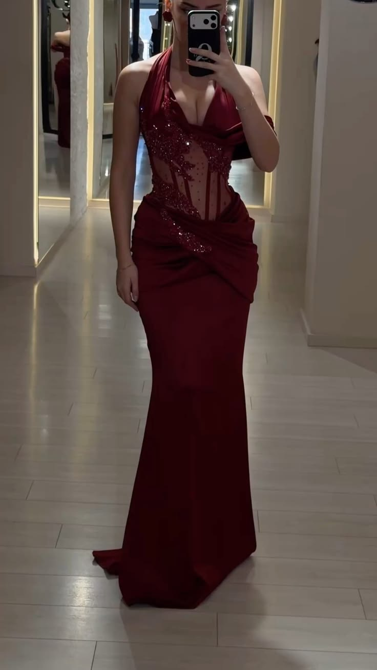 Sexy Halter V Neck Satin Pleated Beaded Mermaid Evening Dress,Burgundy Long Prom Dress D2902