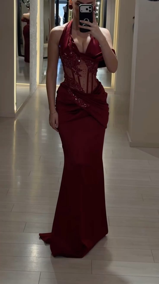 Sexy Halter V Neck Satin Pleated Beaded Mermaid Evening Dress,Burgundy Long Prom Dress D2902
