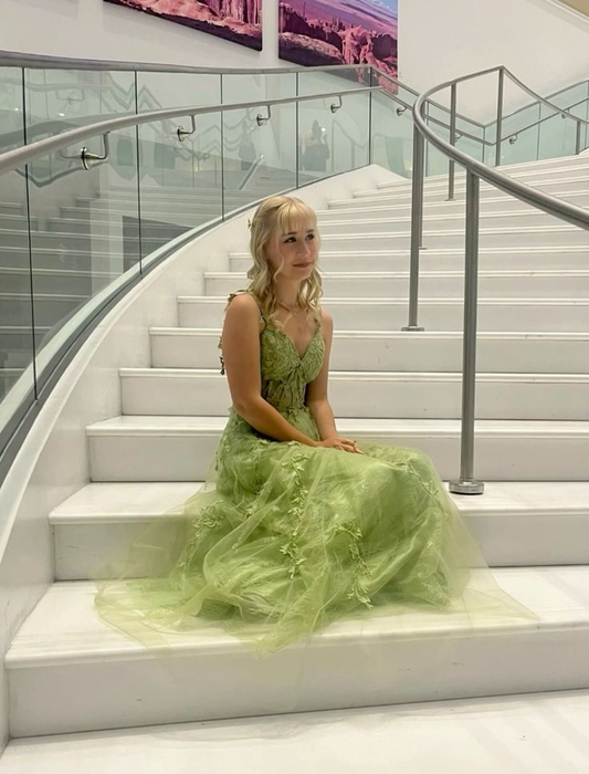 Classy Spaghetti Strap Green Tulle Appliques A Line Long Evening Dress Formal Birthday Evening Dress D1964