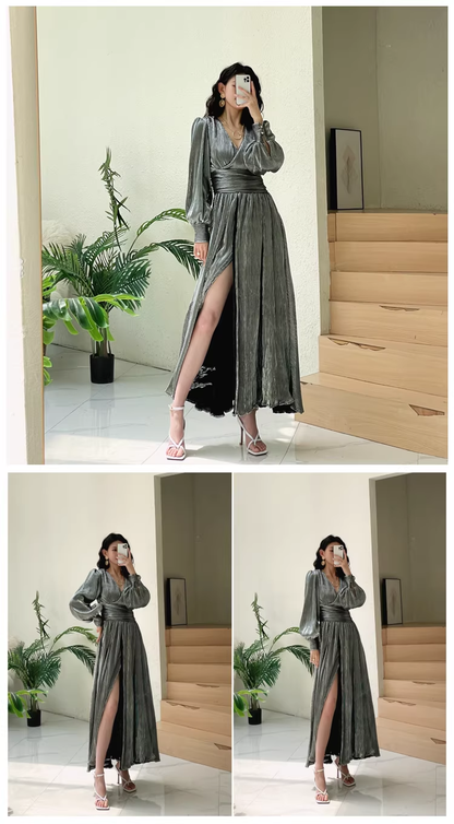 Unique Gold V Neck Satin Pleated Slit A Line Long Evening Dress Formal Wedding Guest Dress D2433