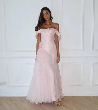 Pretty Pink Off The Shoulder Tulle Appliques Mermaid Long Party Dress Evening Gowns D5132