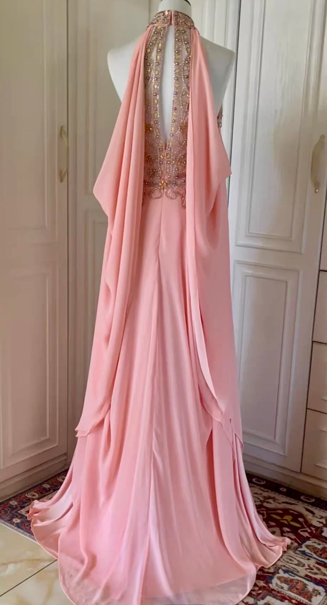 Glamorous Pink Halter Chiffon Beaded Mermaid Long Evening Dress Party Gown D3097
