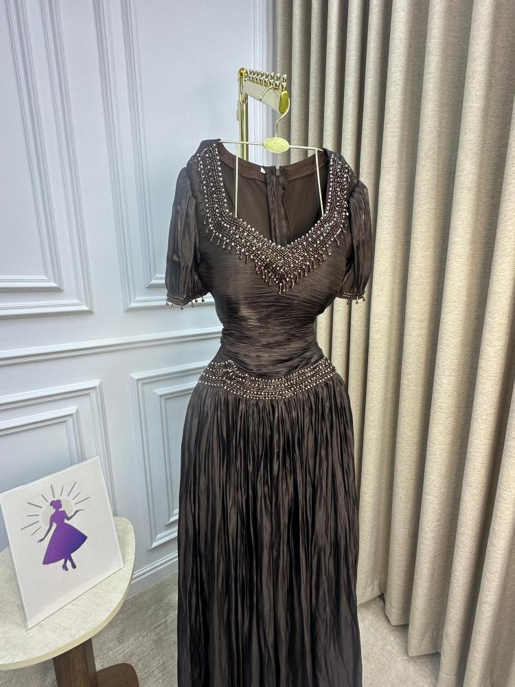 Vintage V Neck Brown Chiffon Beaded Mermaid Party Dress Long Evening Gowns D903