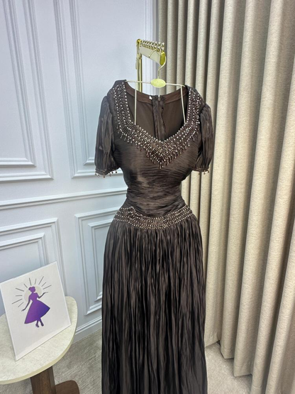 Vintage V Neck Brown Chiffon Beaded Mermaid Party Dress Long Evening Gowns D903