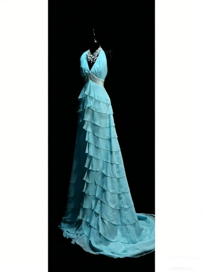 Classy Halter V Neck Blue Chiffon Tiered Ruffle Mermaid Long Party Dress Evening Dress D4890