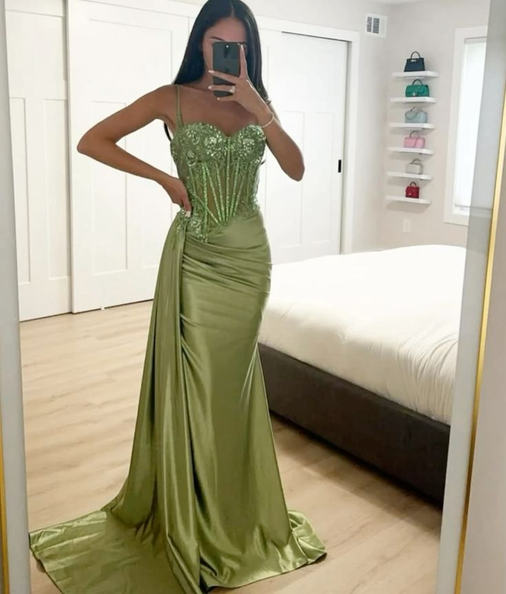 Charming Satin Beaded Appliques Mermaid Party Dress Sage Green Slit Long Prom Gown D5002