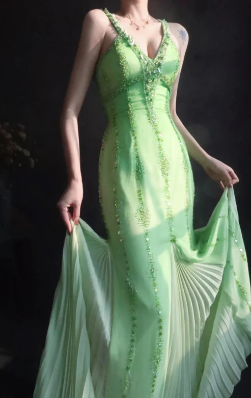 Classy V Neck Green Chiffon Beaded Mermaid Long Party Dress Evening Gown D1903