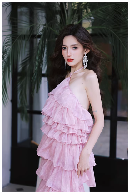 Pretty Pink Halter Chiffon Ruffle Layered Slit Long Birthday Prom Dress Evening Gown D2456