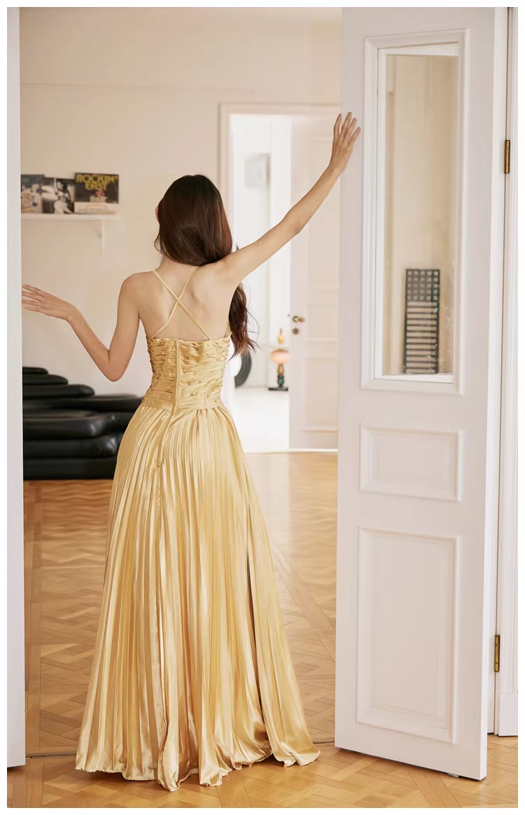 Gorgeous Spaghetti Straps Gold Satin Pleated Beaded A Line Long Evening Dress Birthday Dress D2406