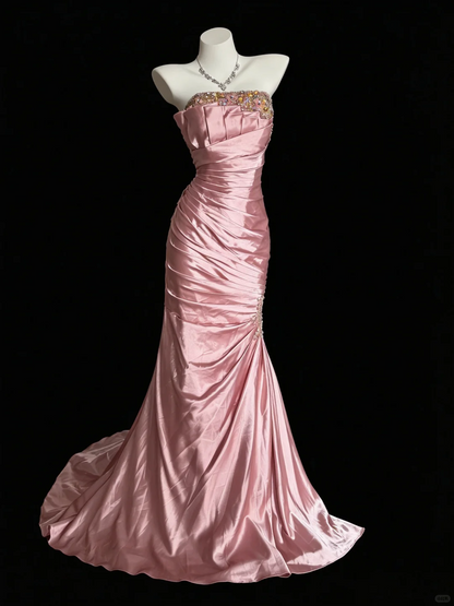 Elegant Pink Strapless Satin Beaded Mermaid Long Prom Dress Evening Dress D5224