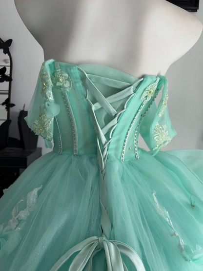 Pretty Green Quinceanera Dress Off The Shoulder Tulle Appliqued Beaded Ball Gown Sweet 15 Dress With Bow D4707