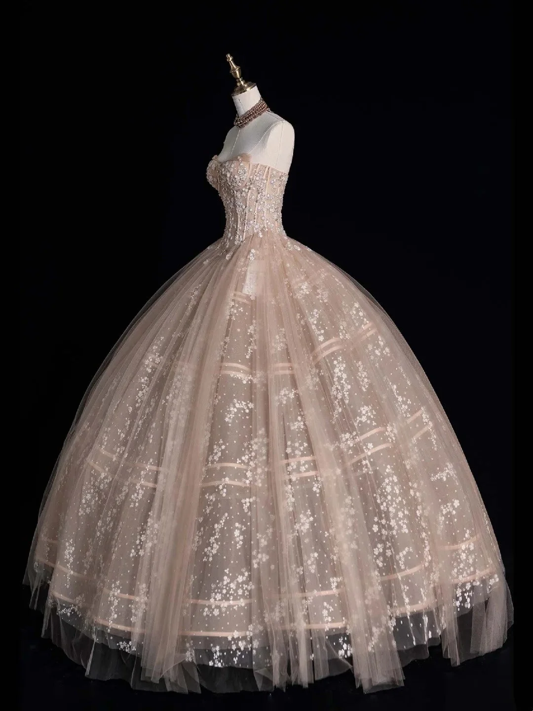 Ball Gown Strapless Champagne Sleeveless With Applique Tulle Long Quinceanera Dresses Sweet 15 16  Dress D4263