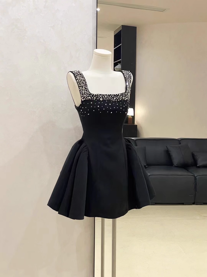 Sexy White Satin Beaded Square Neck A Line Birthday Outfits Vacation Dress S246