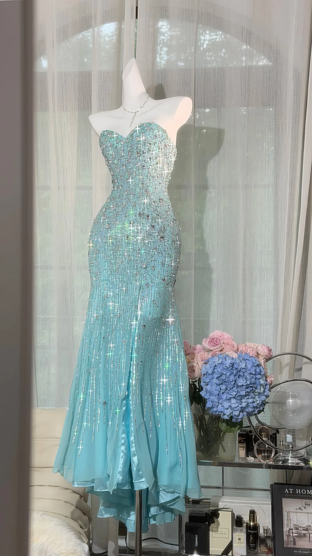 Glamorous Sweetheart Neck Blue Chiffon Sequin Beaded Mermaid Long Party Dress Evening Gown D2938